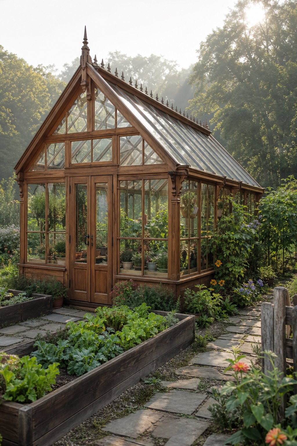 A cedar greenhouse with a peaked glass roof surrounded by plants and garden beds.