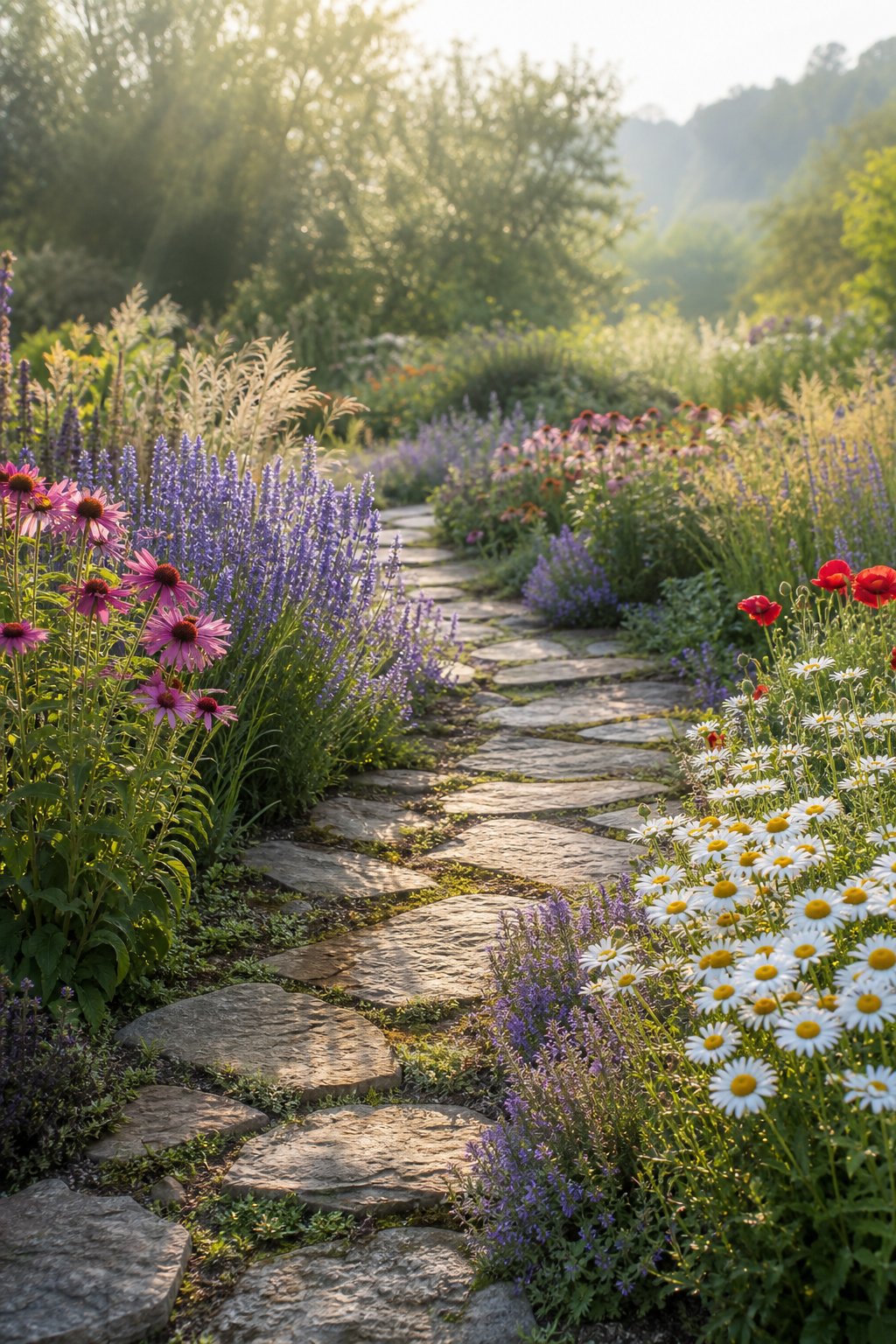 A winding stone path passes through a lush garden filled with colorful wildflowers.