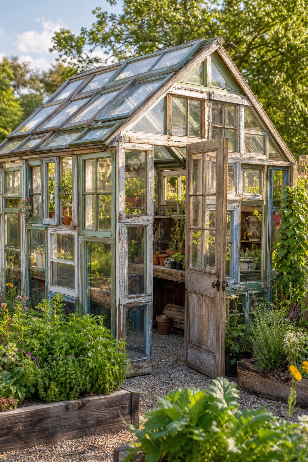 A rustic greenhouse made from mismatched salvaged window frames stands in a lush cottage garden.