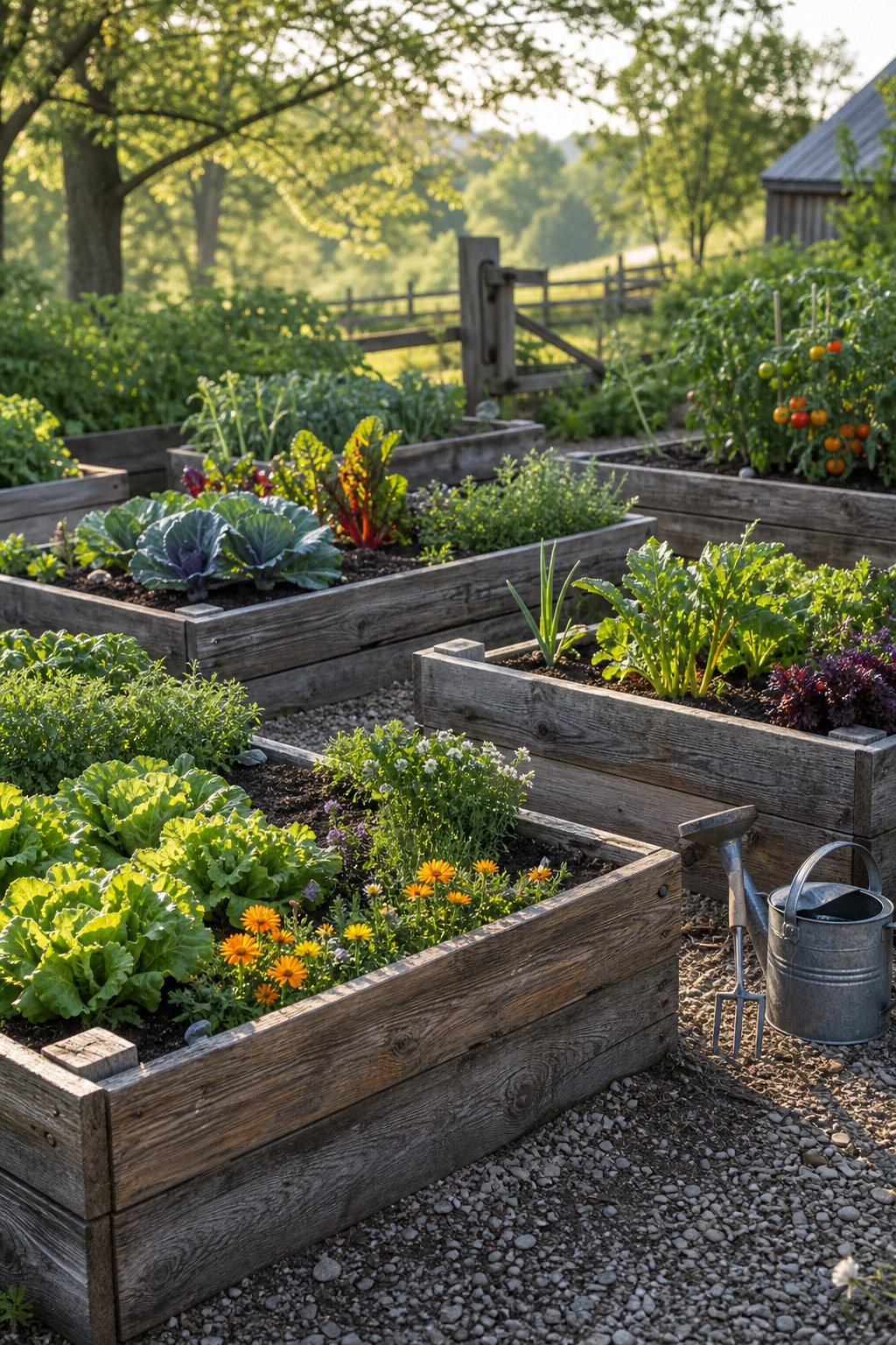 Raised vegetable beds made from reclaimed wood, filled with leafy plants and vegetables in a rustic garden.