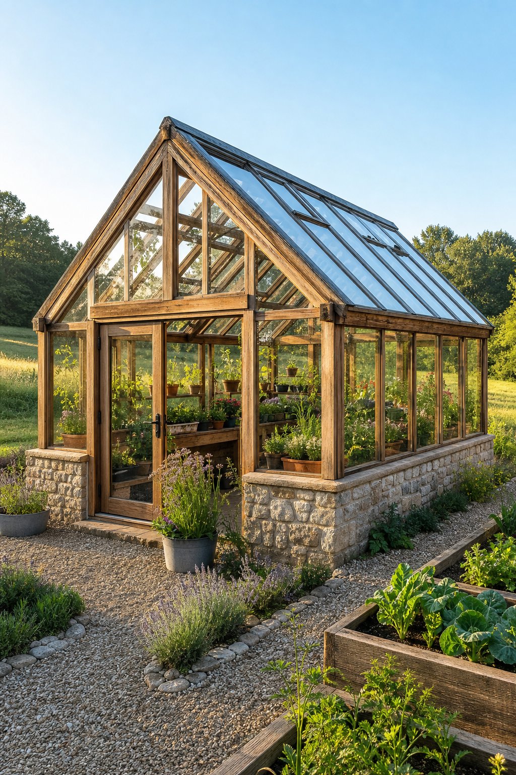 A rustic glass greenhouse with a stone base and wooden frame in a green garden.