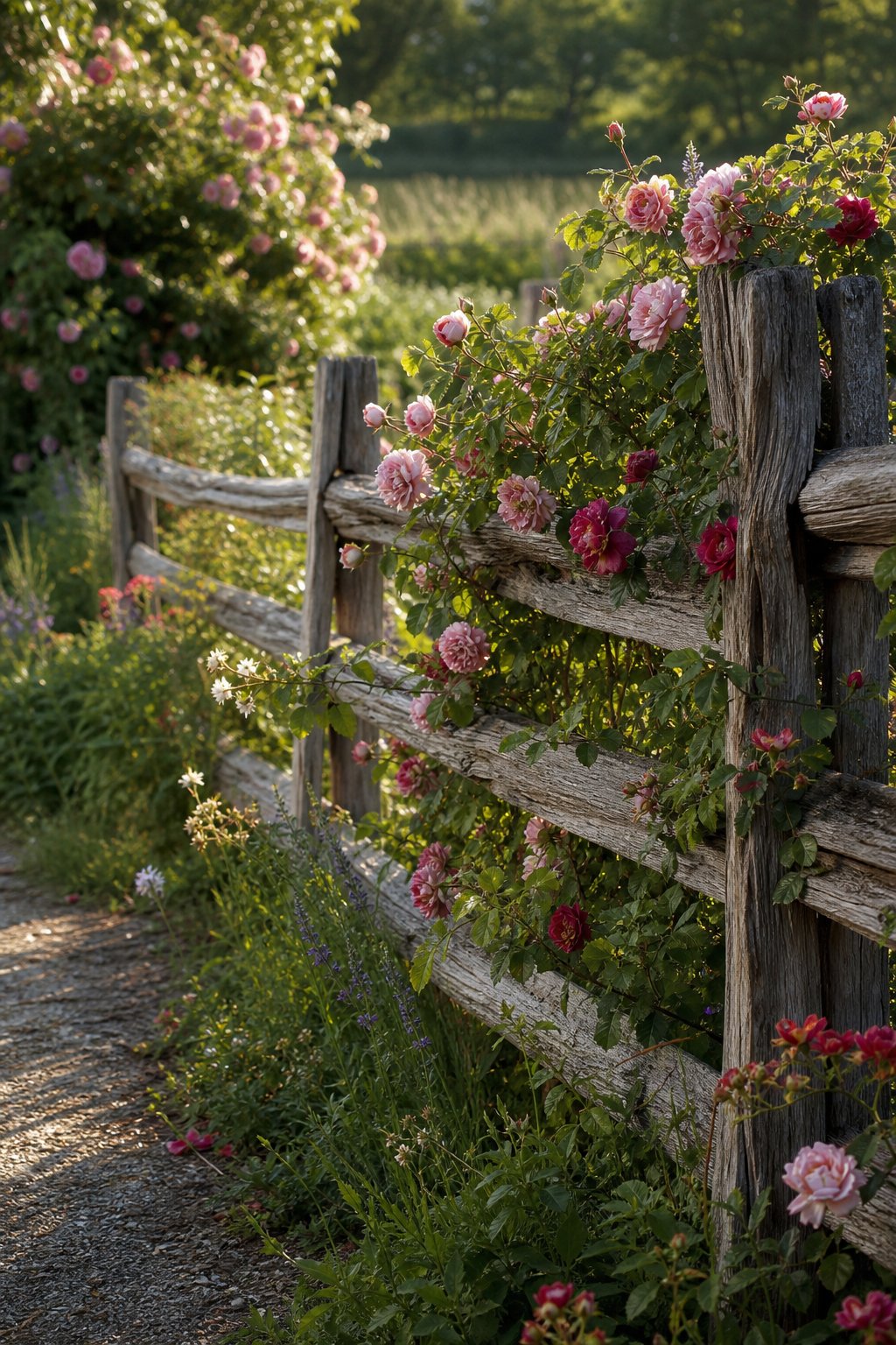 A weathered split-rail fence covered with blooming climbing roses in a lush rustic garden.