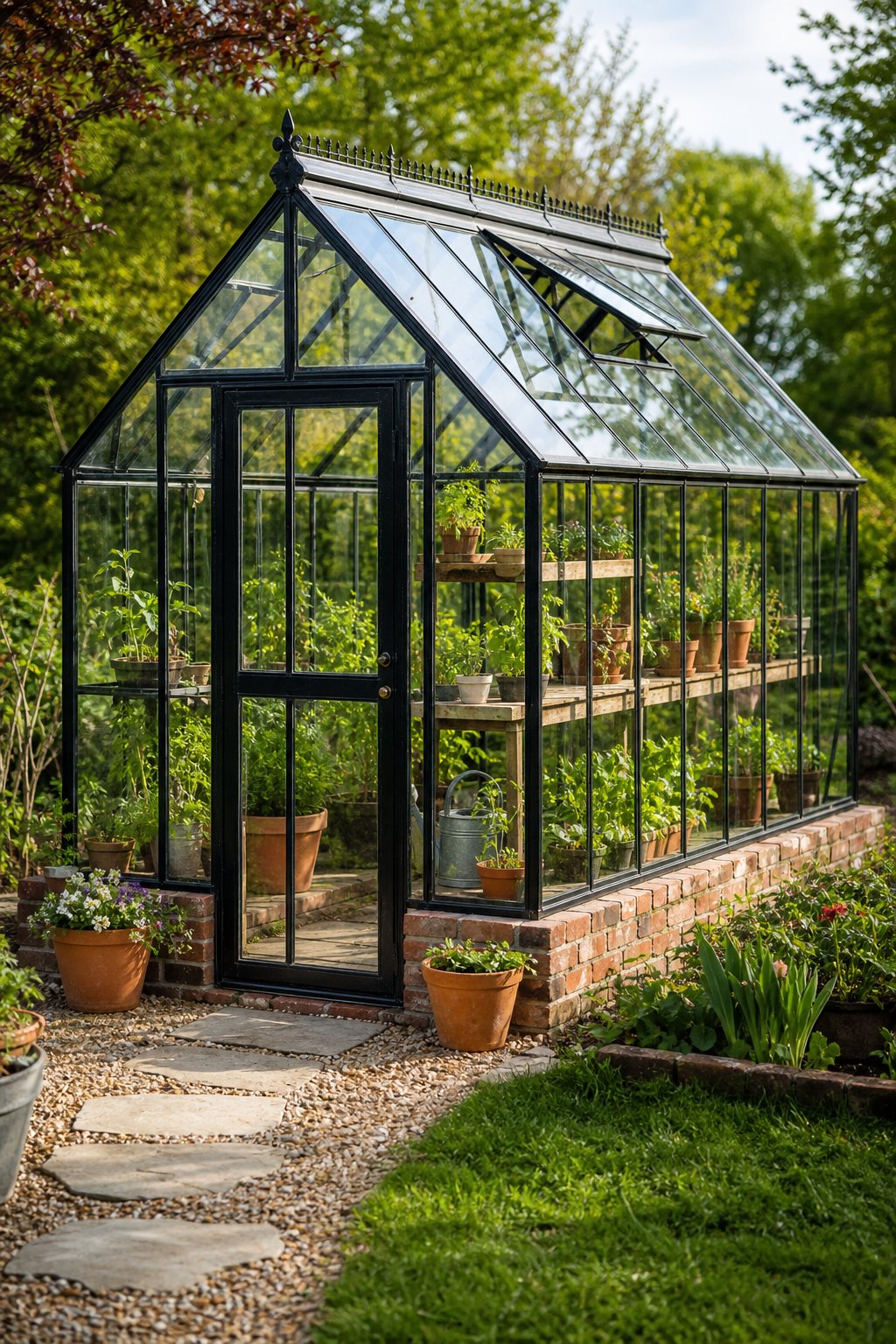 A black-framed glass greenhouse surrounded by plants and bordered with red bricks in a garden.