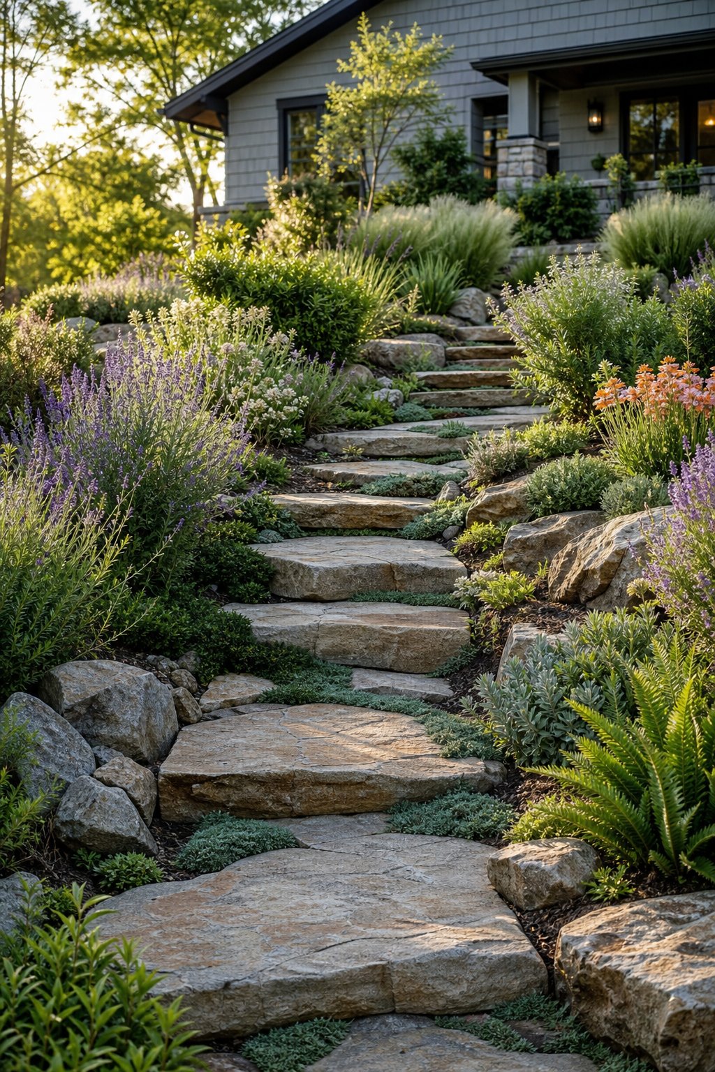Natural stone steps winding through a planted sloped front yard.