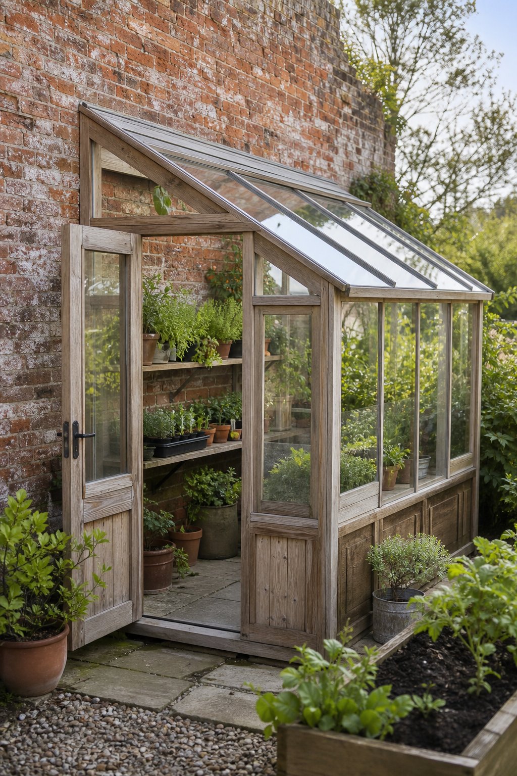 A small glass lean-to greenhouse stands against a reclaimed brick wall in a leafy garden.