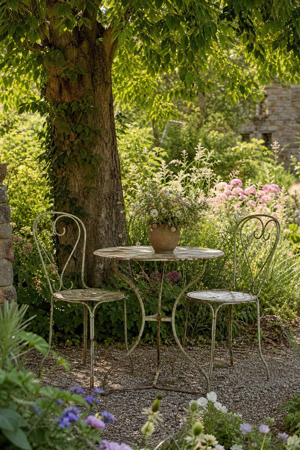 A vintage metal bistro table and two chairs sit beneath a leafy tree in a flower-filled garden.