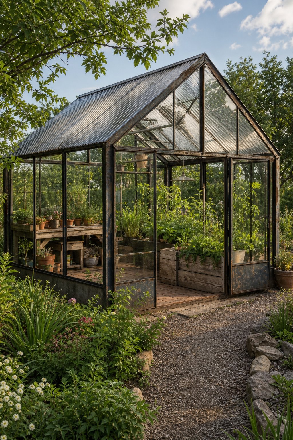 A rustic metal-frame greenhouse with corrugated roof panels surrounded by lush garden plants.