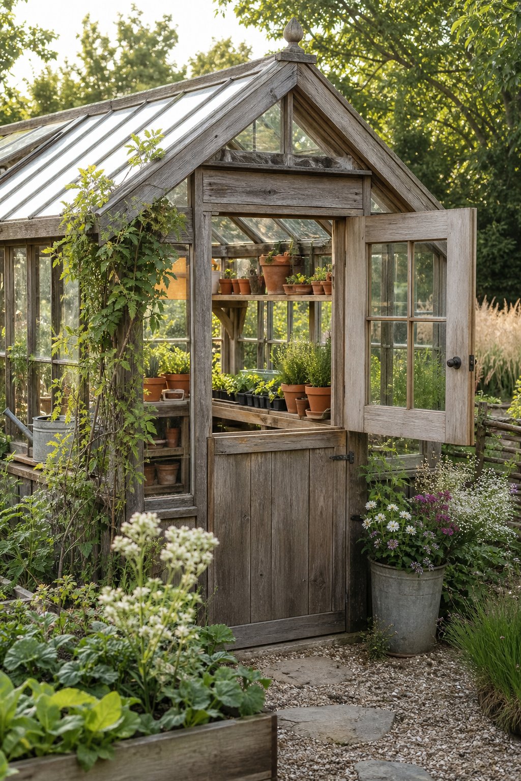 A rustic potting-shed greenhouse with a Dutch door surrounded by a lush cottage garden.