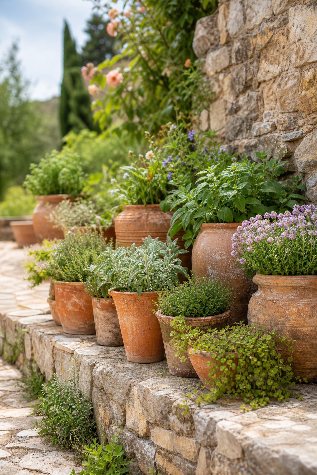 Mismatched terracotta pots filled with plants arranged along a stone garden wall.