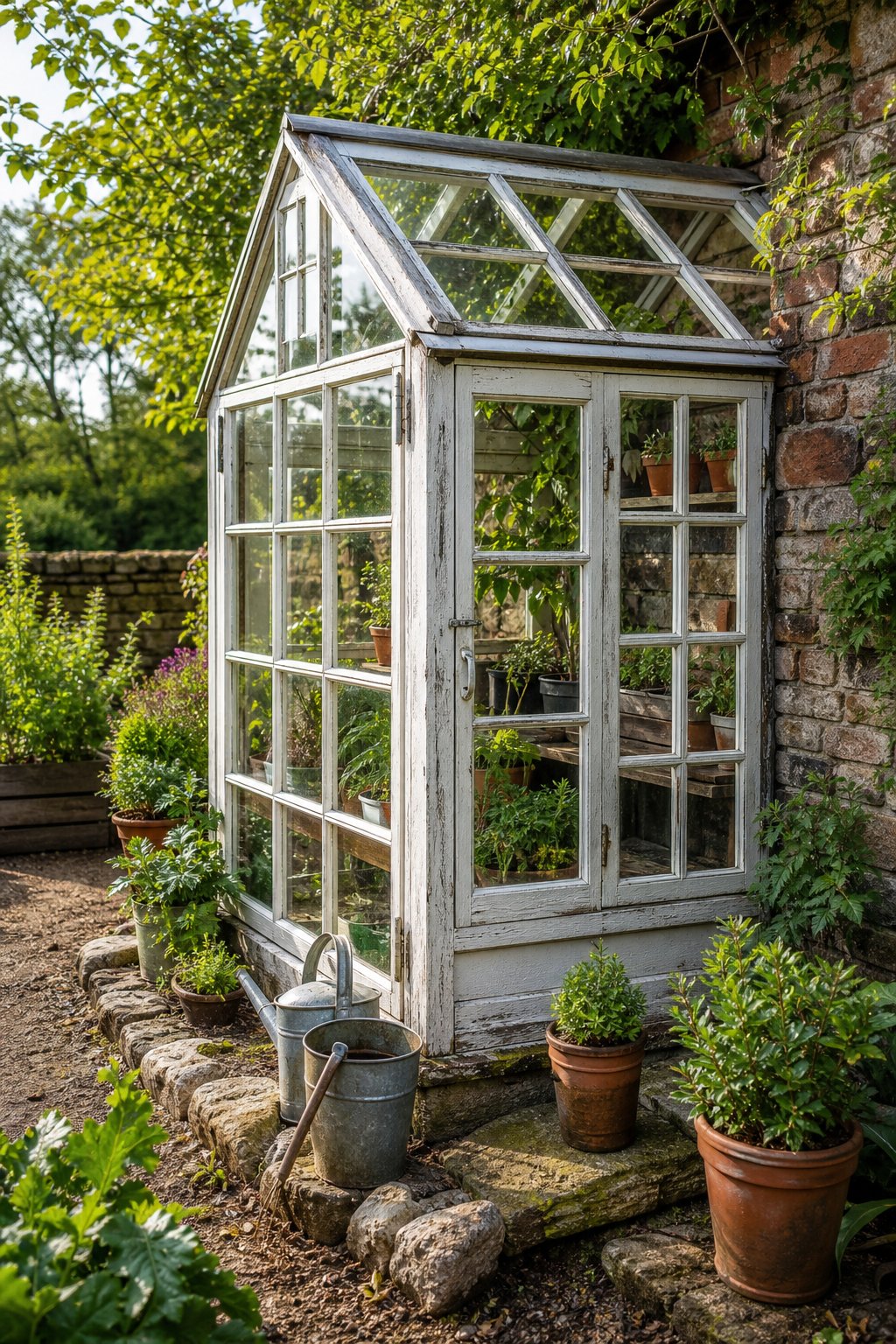 A small greenhouse made from vintage sash windows stands in the corner of a lush garden.