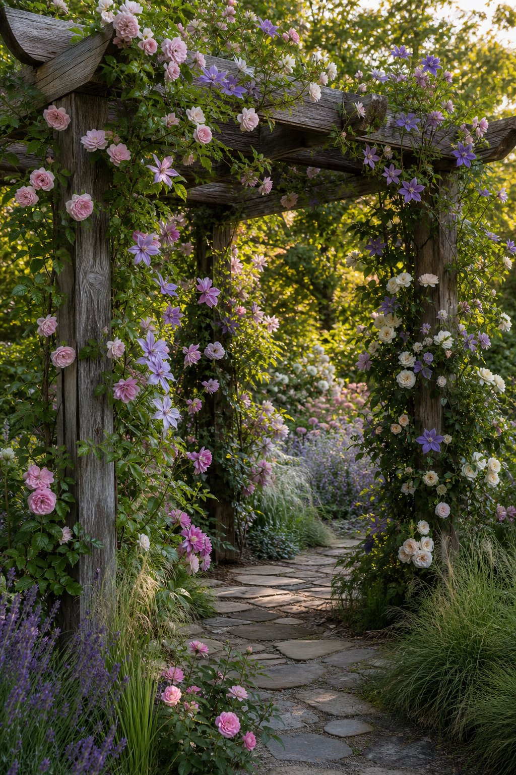 A wooden pergola covered with climbing roses and clematis in a lush garden.