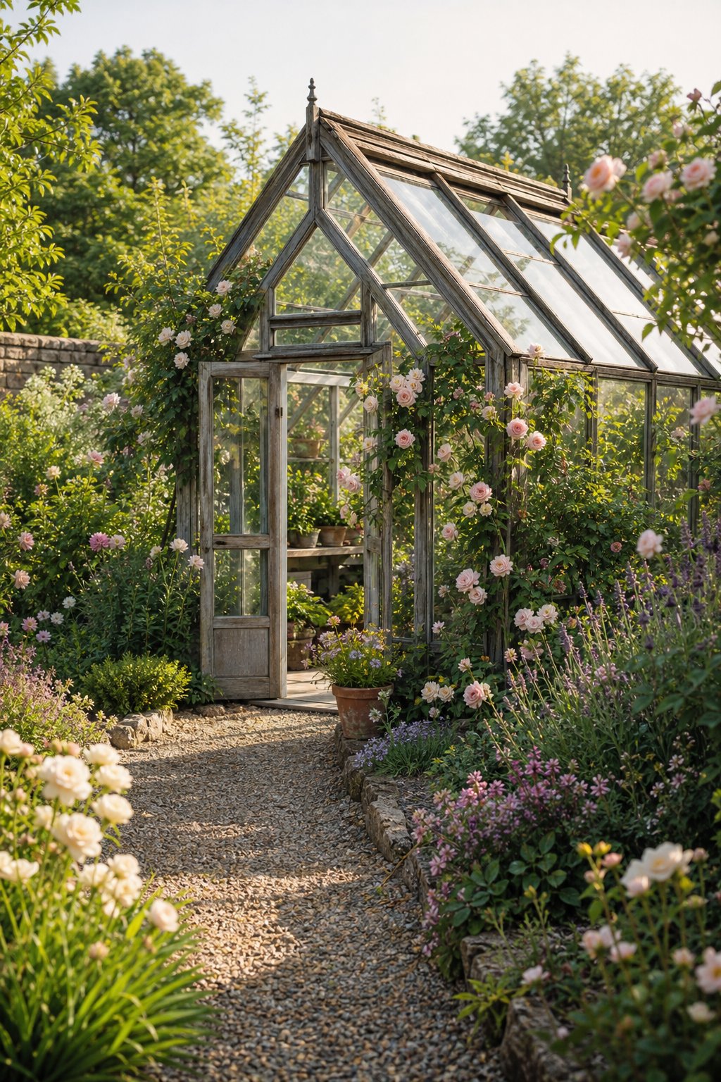 A rustic glass greenhouse surrounded by climbing roses and cottage garden plants, with a gravel path leading to its entrance.