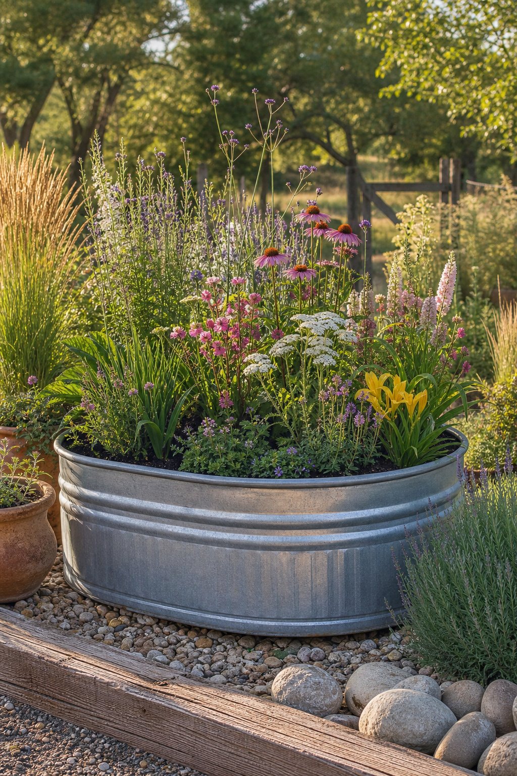 A galvanized metal tank filled with colorful flowers in a rustic garden.