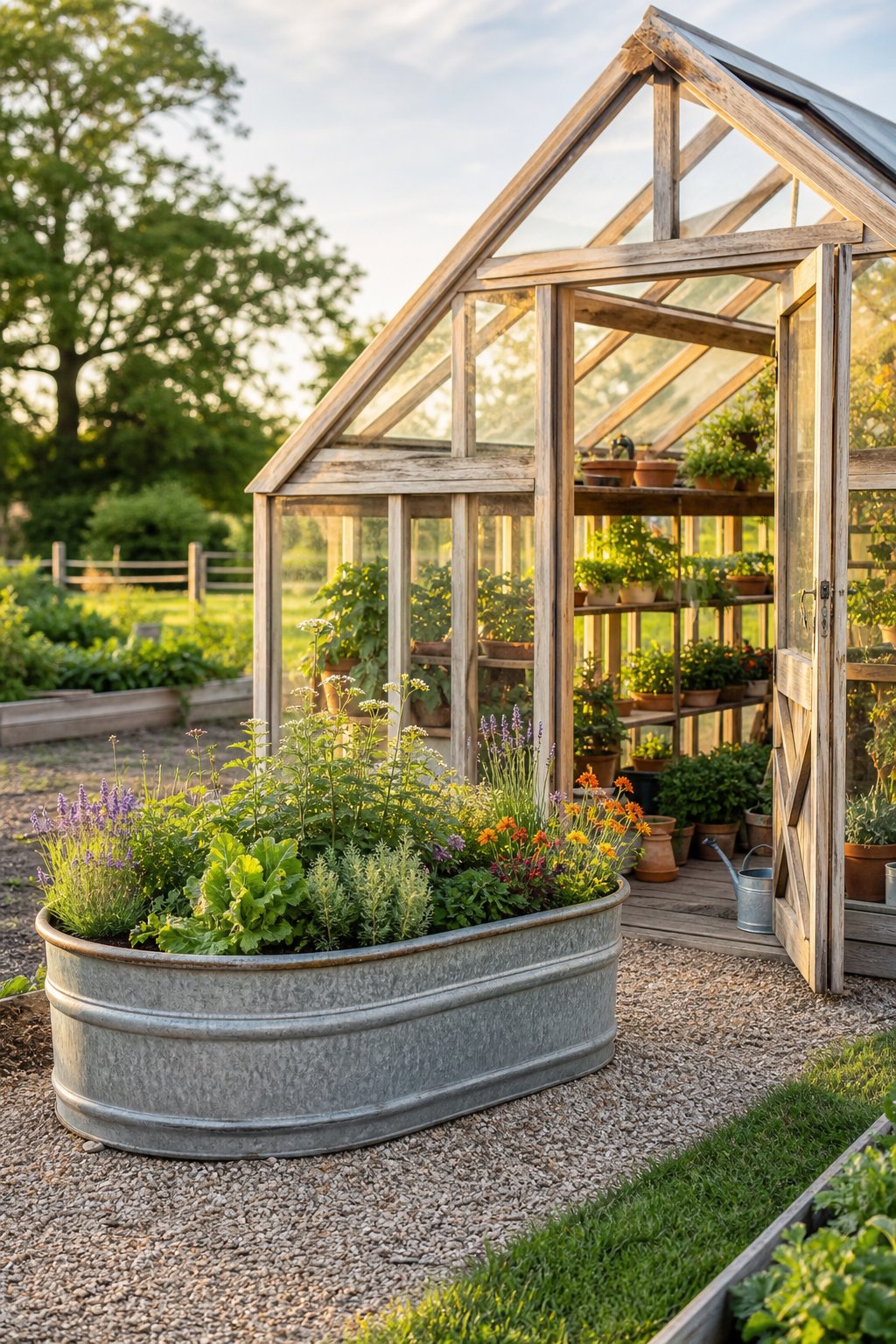 A rustic farmhouse greenhouse beside a galvanized trough planter filled with plants.