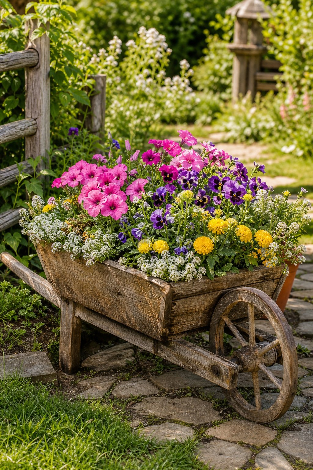A weathered wheelbarrow overflowing with colorful flowers in a rustic garden.