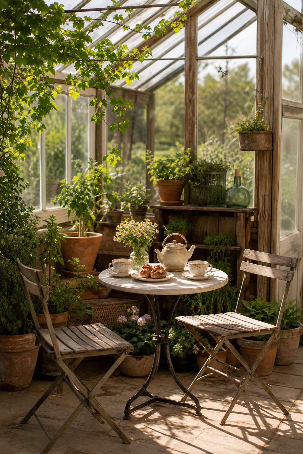 A small bistro table and two chairs inside a plant-filled rustic greenhouse.