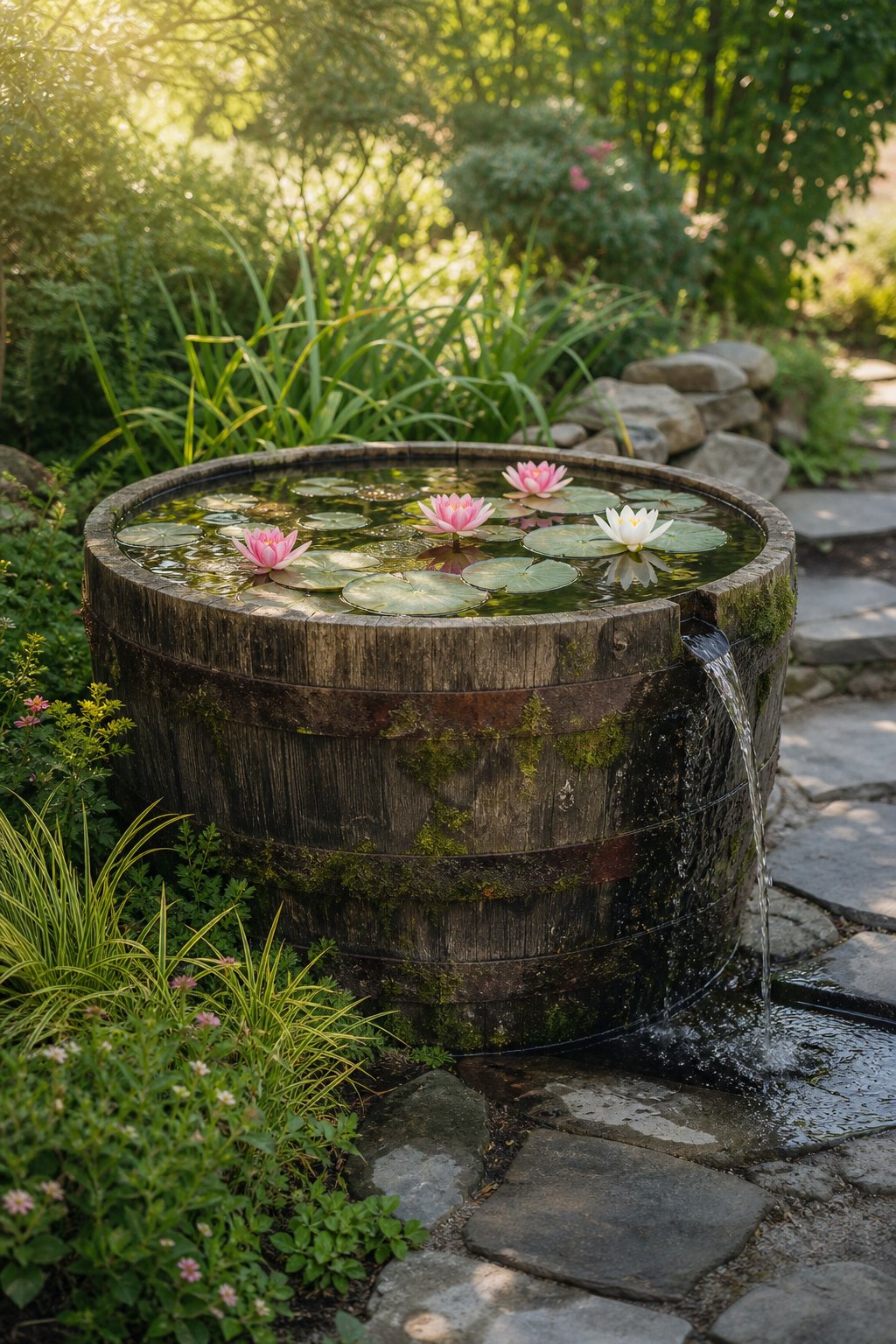 A rustic wooden wine barrel filled with waterlilies serves as a water feature in a lush garden.