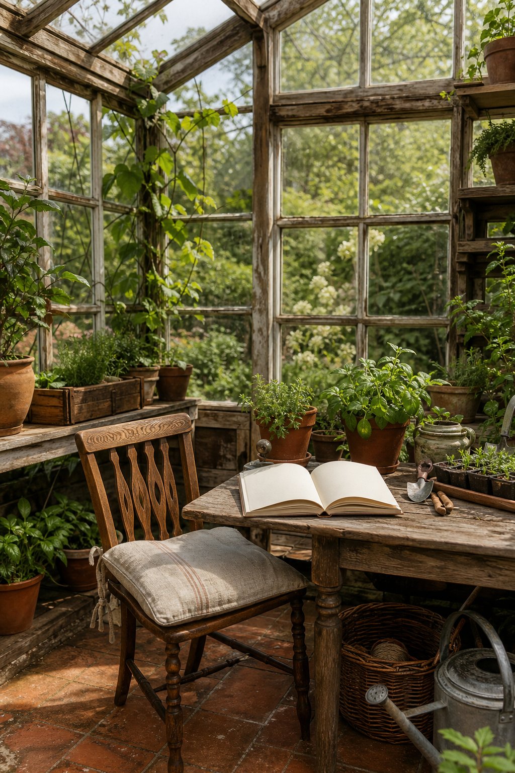 A rustic glass greenhouse with plants, gardening tools, and a chair beside an open book.