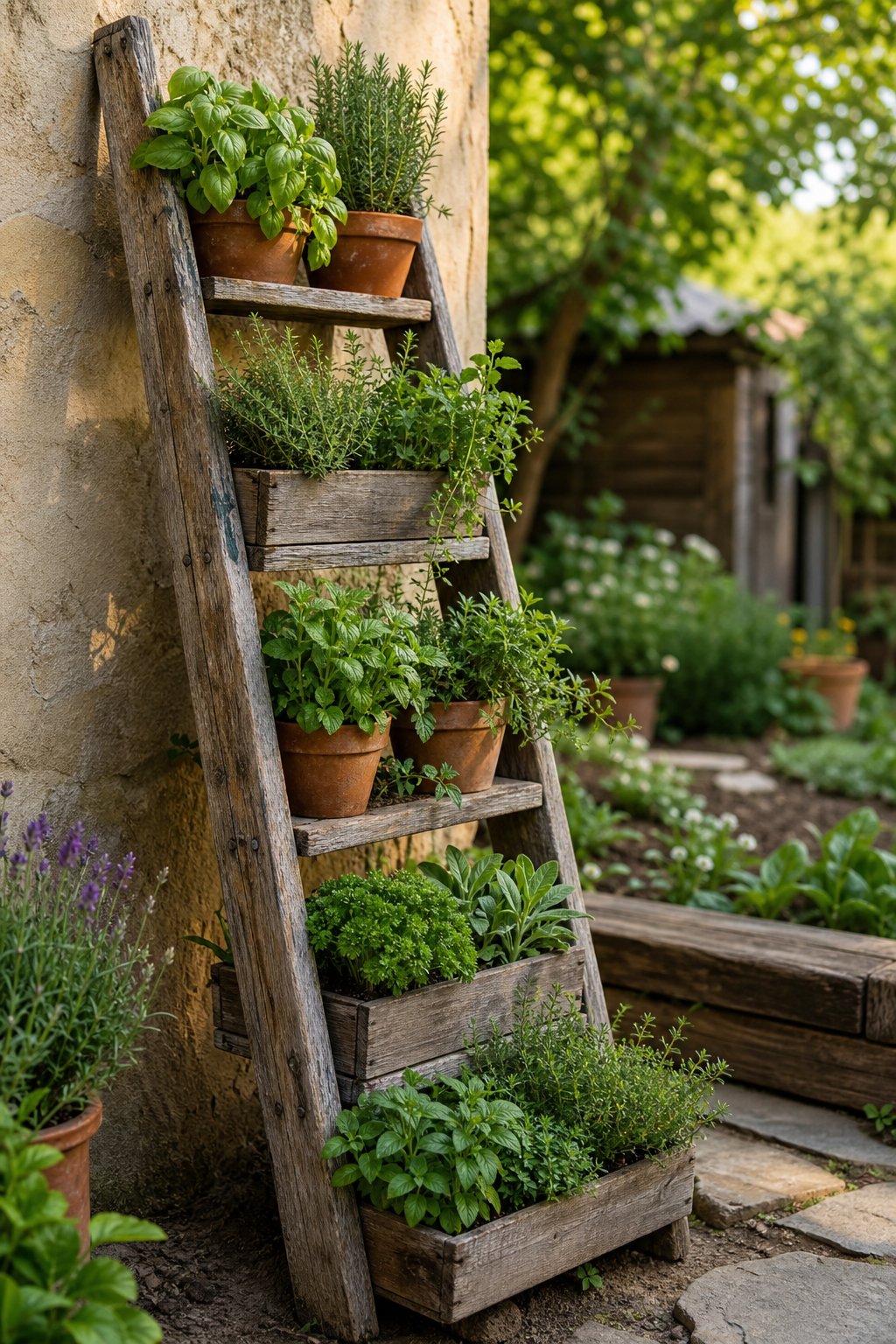 A weathered wooden ladder holds several pots of green herbs in a rustic garden.