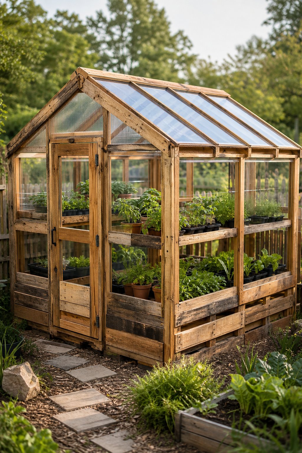 A rustic pallet-wood greenhouse with clear panels, surrounded by a garden and filled with green plants.