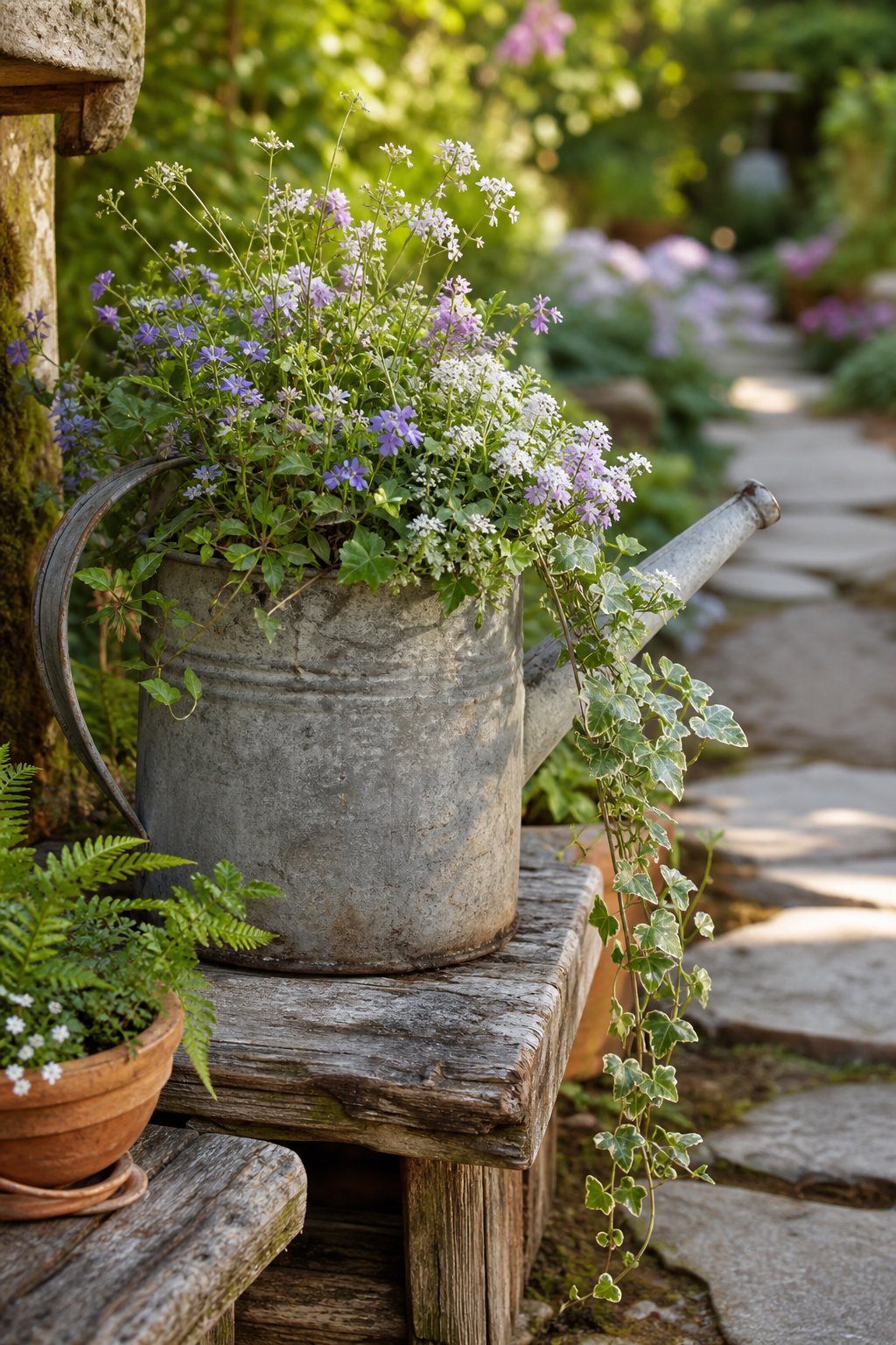 A vintage watering can filled with flowers and greenery sits in a rustic garden.