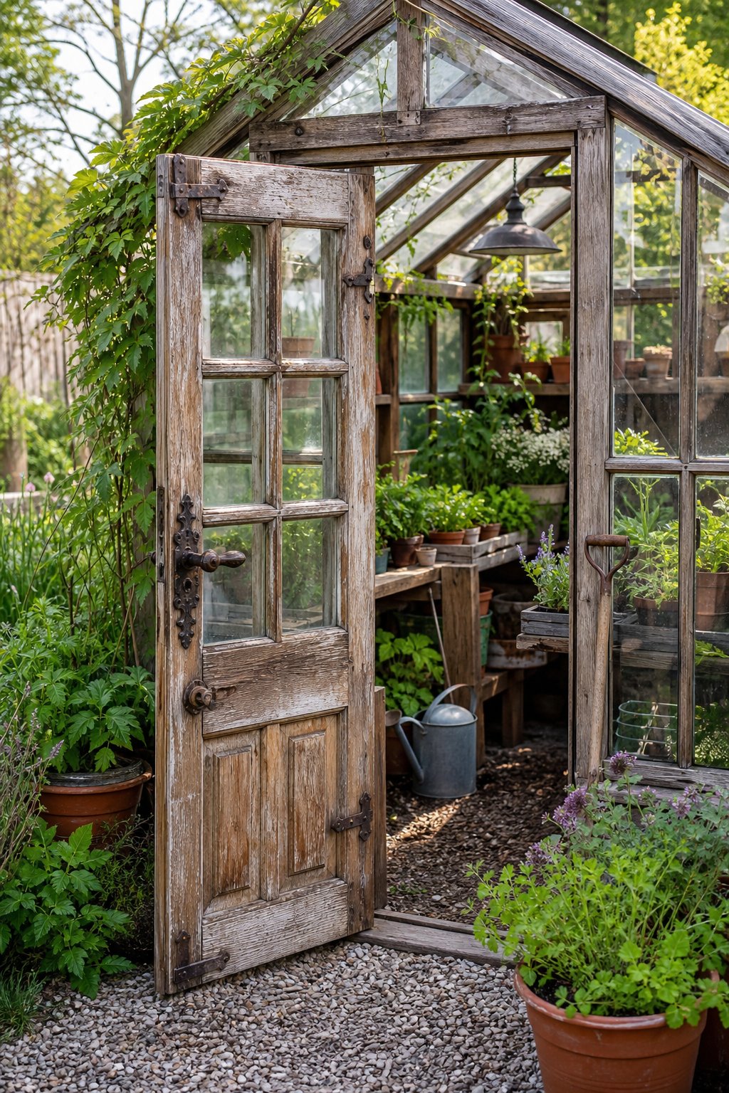 A rustic greenhouse with a salvaged wooden door, antique hardware, and lush plants inside.