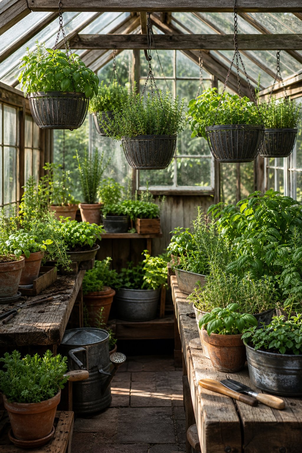 A rustic greenhouse filled with potted herbs and hanging metal baskets.