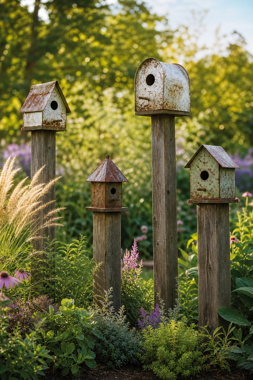 Salvaged metal birdhouses mounted on cedar posts in a lush garden.