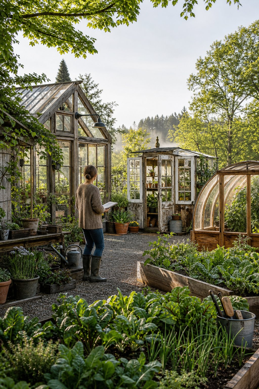 A gardener compares several rustic greenhouses in a lush countryside garden.
