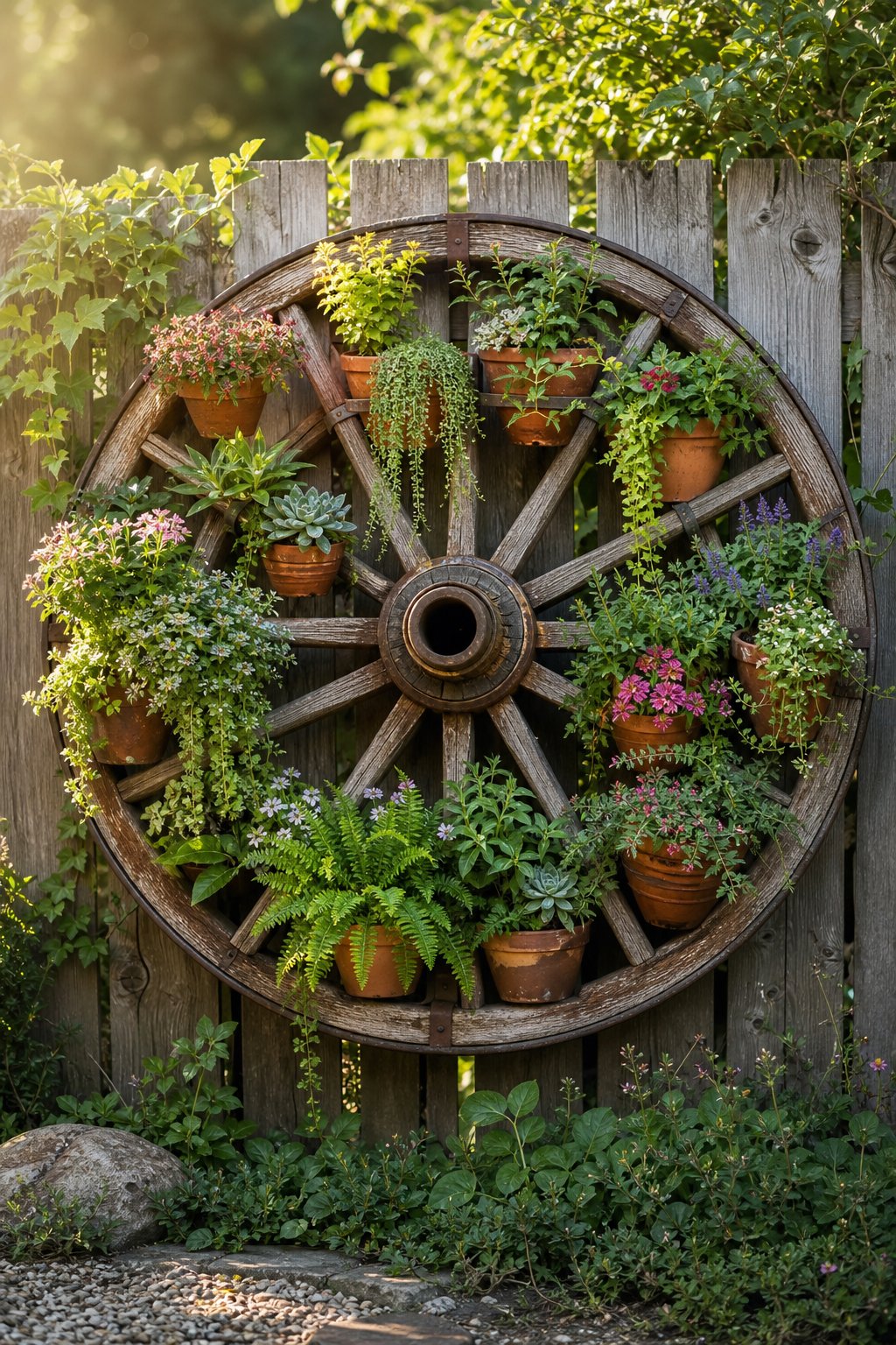 A wooden wagon wheel filled with plants and flowers hangs on a rustic garden fence.