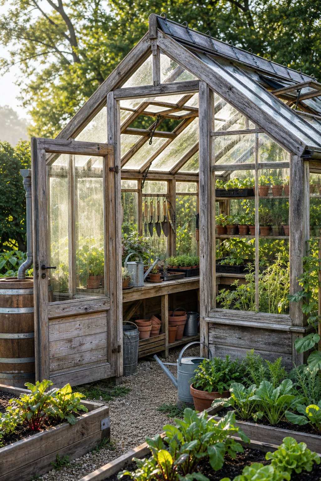 A rustic greenhouse with organized plants, gardening tools, ventilation windows, and practical storage features.