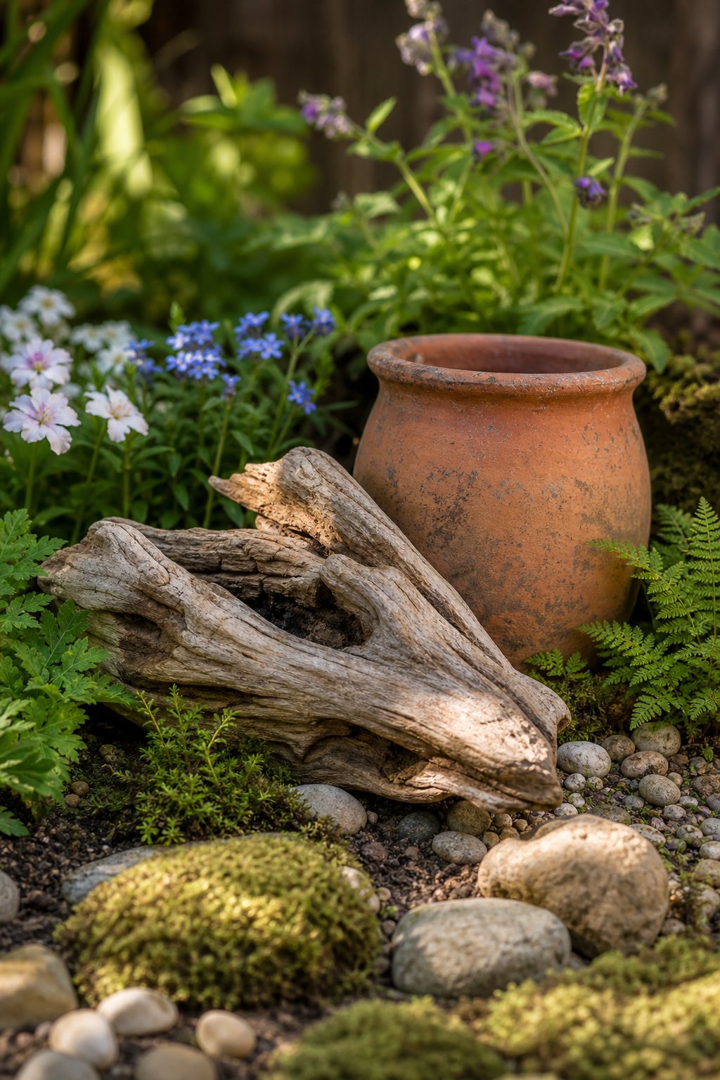 A rustic garden corner with driftwood, a clay pot, greenery, moss, flowers, and stones.