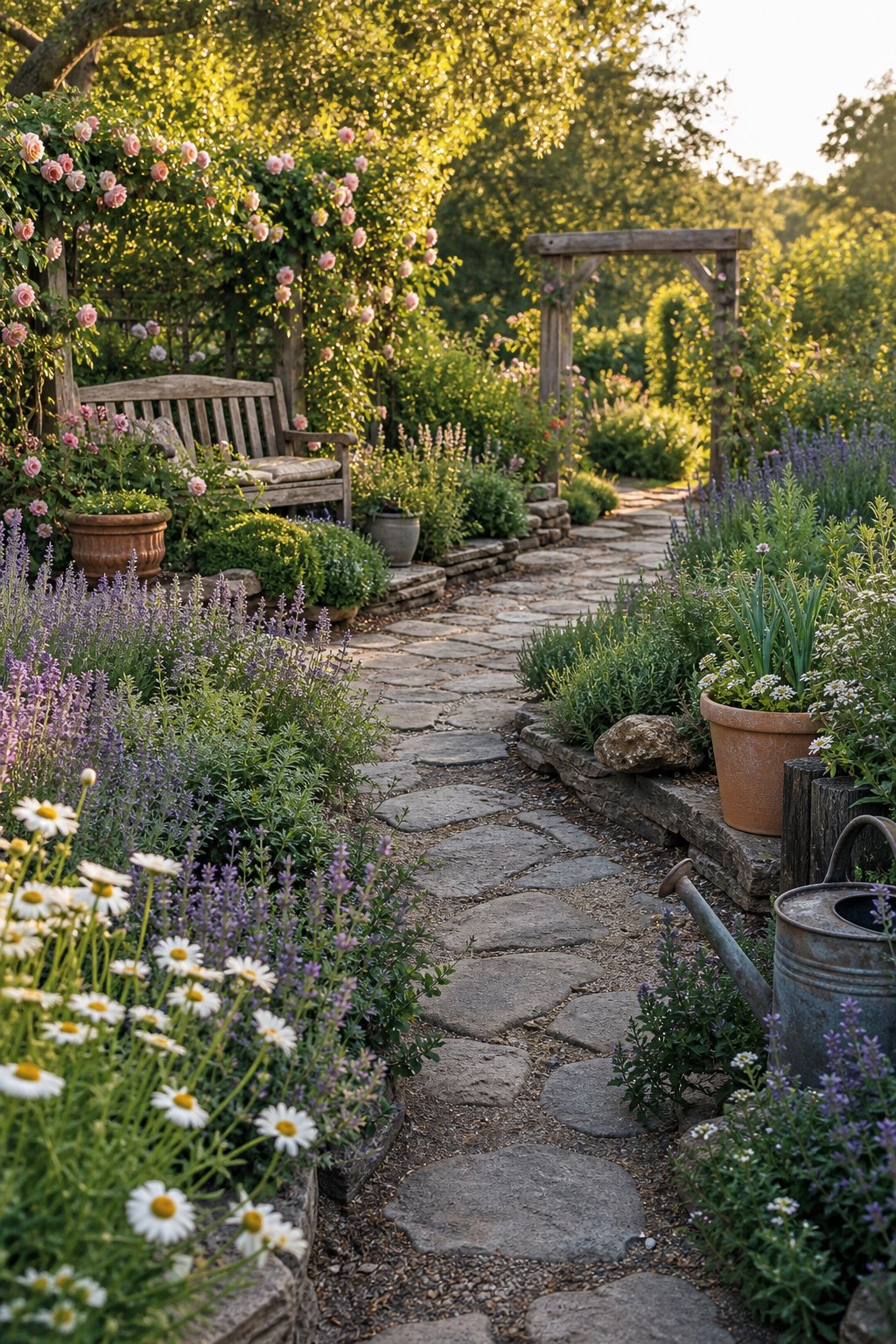 A rustic garden with a stone path, layered flowers, weathered containers, and a wooden bench.