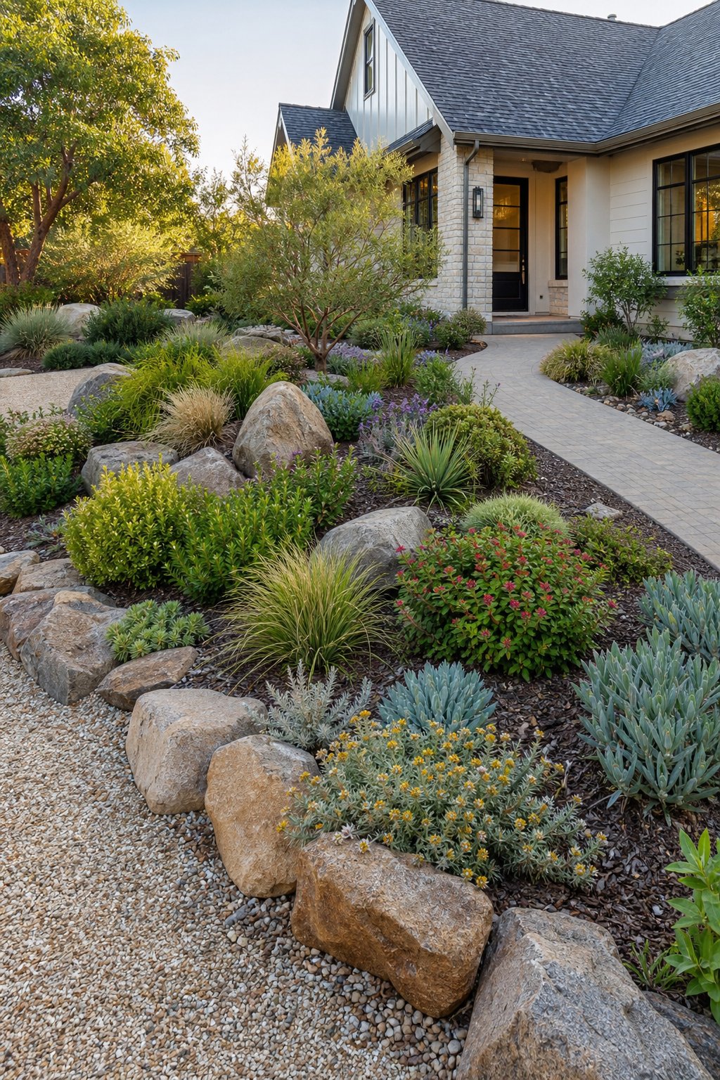 A front garden with curving beds of native plants, ornamental grasses, and large natural boulders.