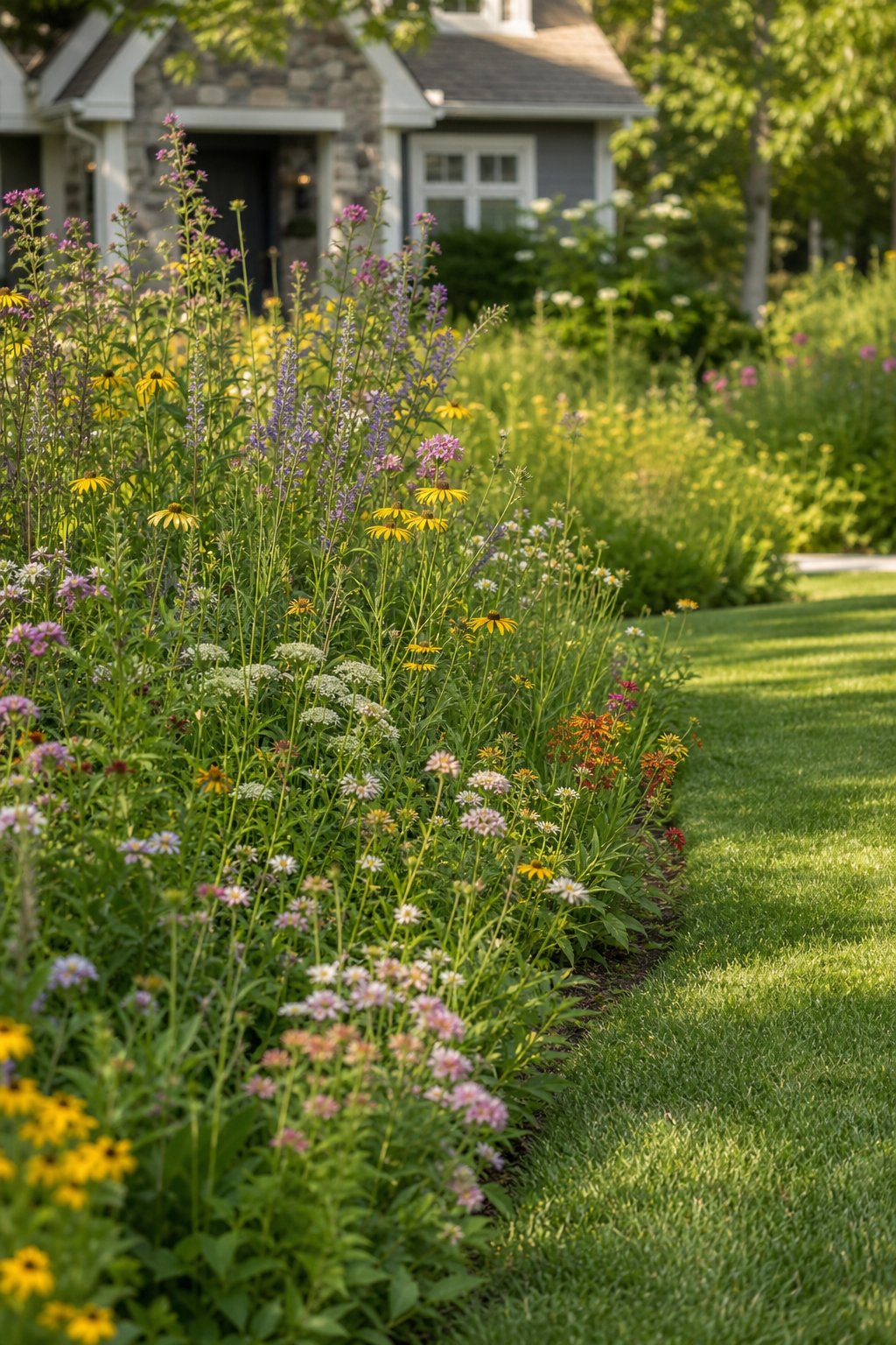 A native wildflower meadow bordered by a neatly mowed garden path.