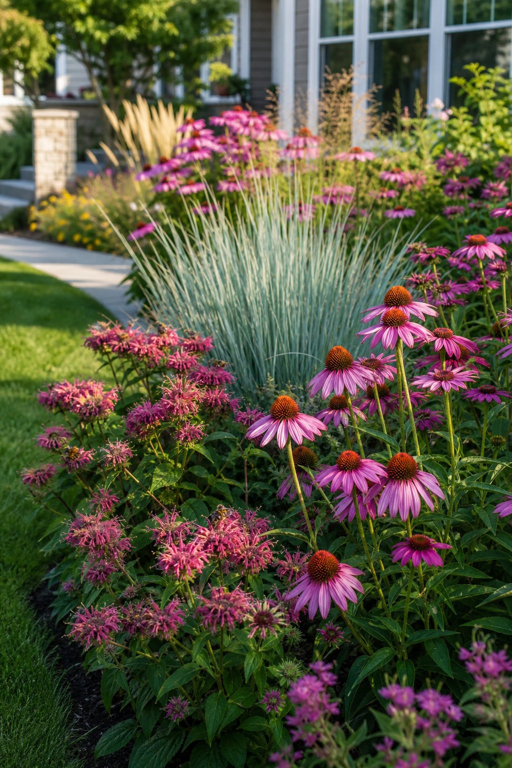 A front garden border filled with purple coneflowers, pink bee balm, and blue-green little bluestem grasses, with bees visiting the flowers.