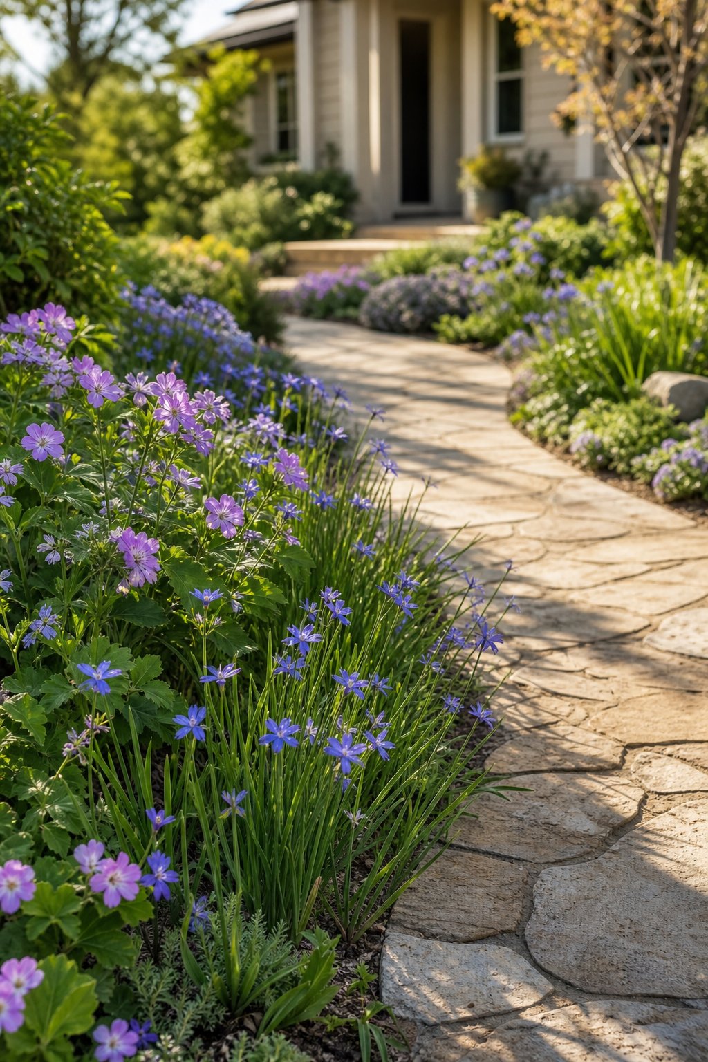 A front garden walkway bordered by blue-eyed grass and blooming wild geranium.