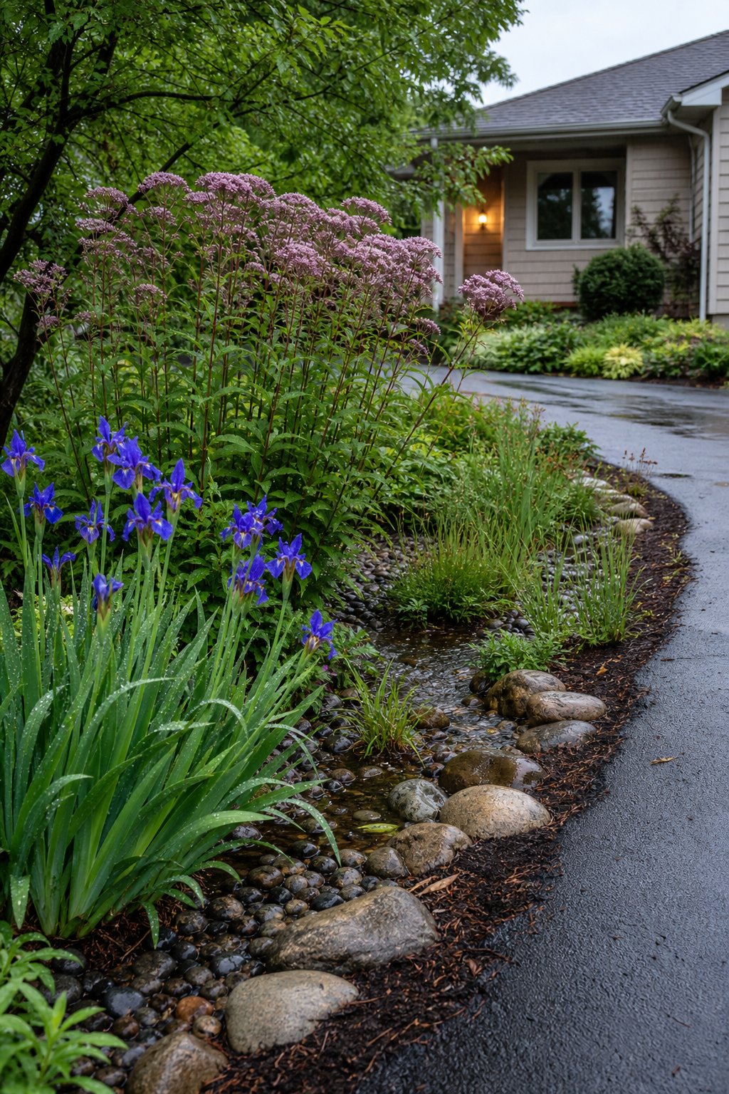 A rain garden beside a driveway planted with blue flag iris and tall pink Joe-Pye weed.