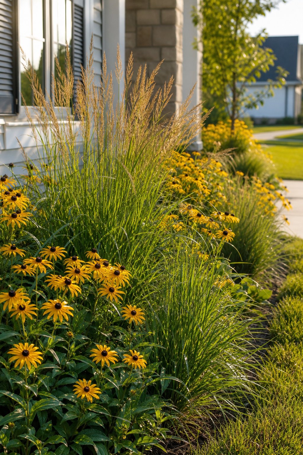 A sunny garden border with tall switchgrass and yellow black-eyed Susans beside a home.