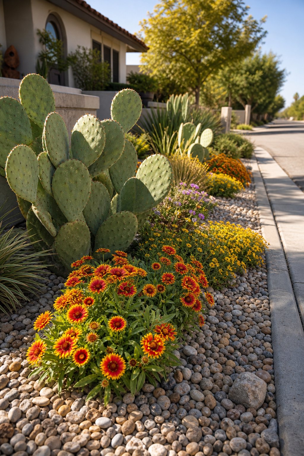 A gravel-covered curb garden with prickly pear cactus and colorful blanketflowers beside a sidewalk.