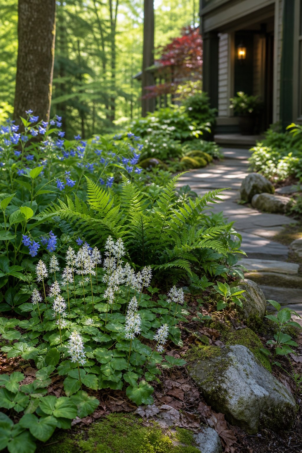 A shaded woodland entry garden with white foamflowers, green ferns, and blue Virginia bluebells beside a walkway.