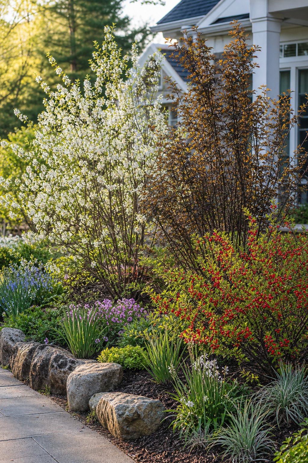 A landscaped front garden border with serviceberry, ninebark, and winterberry shrubs, including white flowers, peeling bark, and red berries.