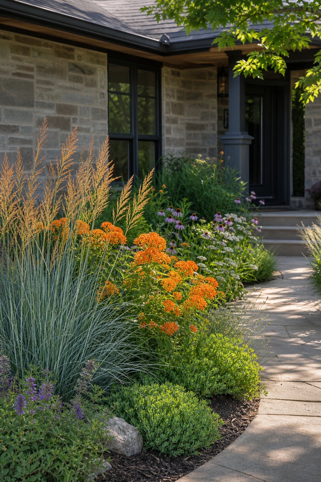 A small front-yard prairie garden with little bluestem grasses and orange butterfly weed beside a home walkway.