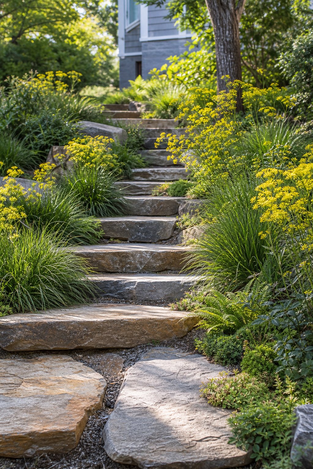 Stone steps climb through a sloped front garden planted with native sedges and yellow Golden Alexander flowers.