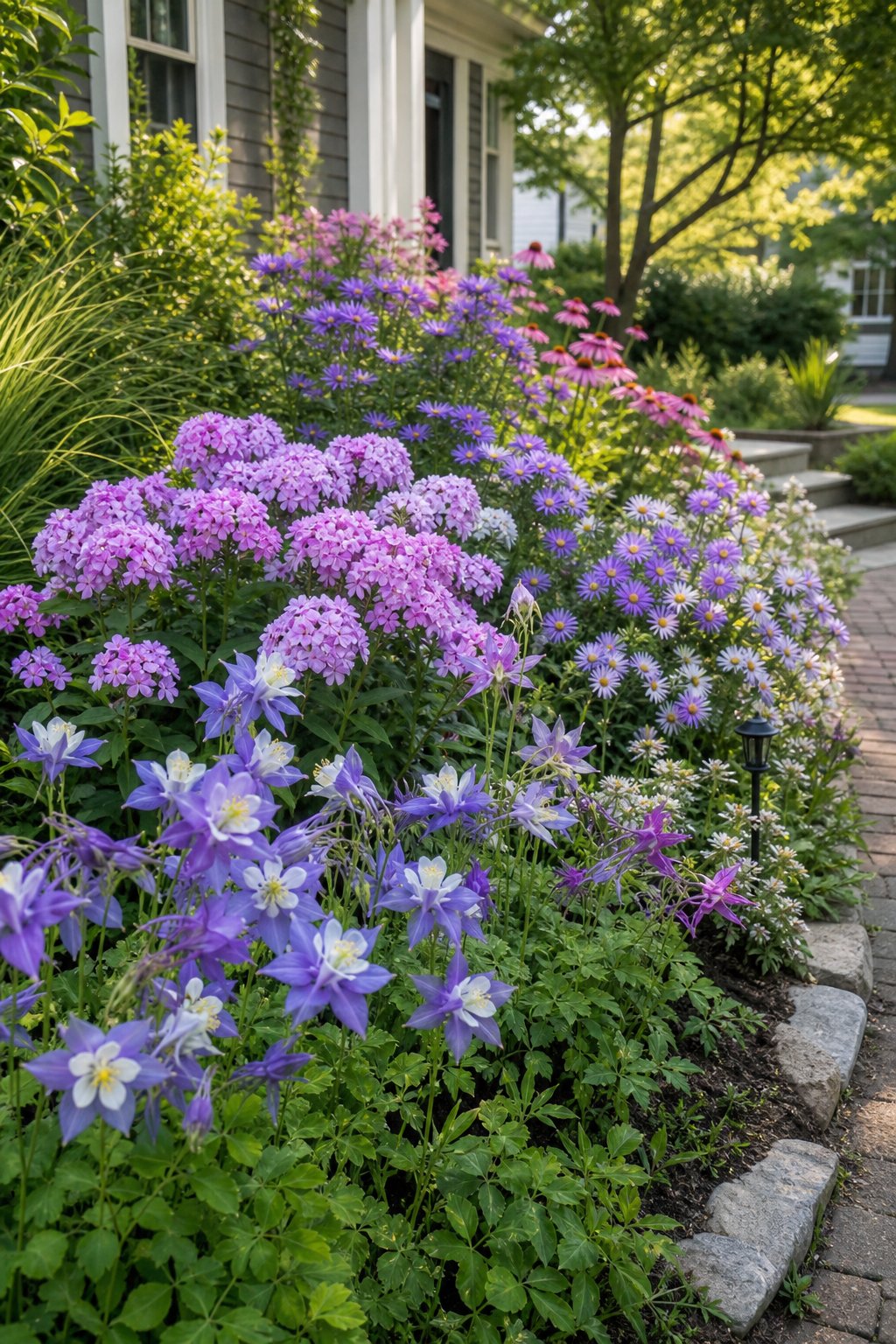 A colorful native cottage garden border filled with columbine, phlox, and asters beside a home.