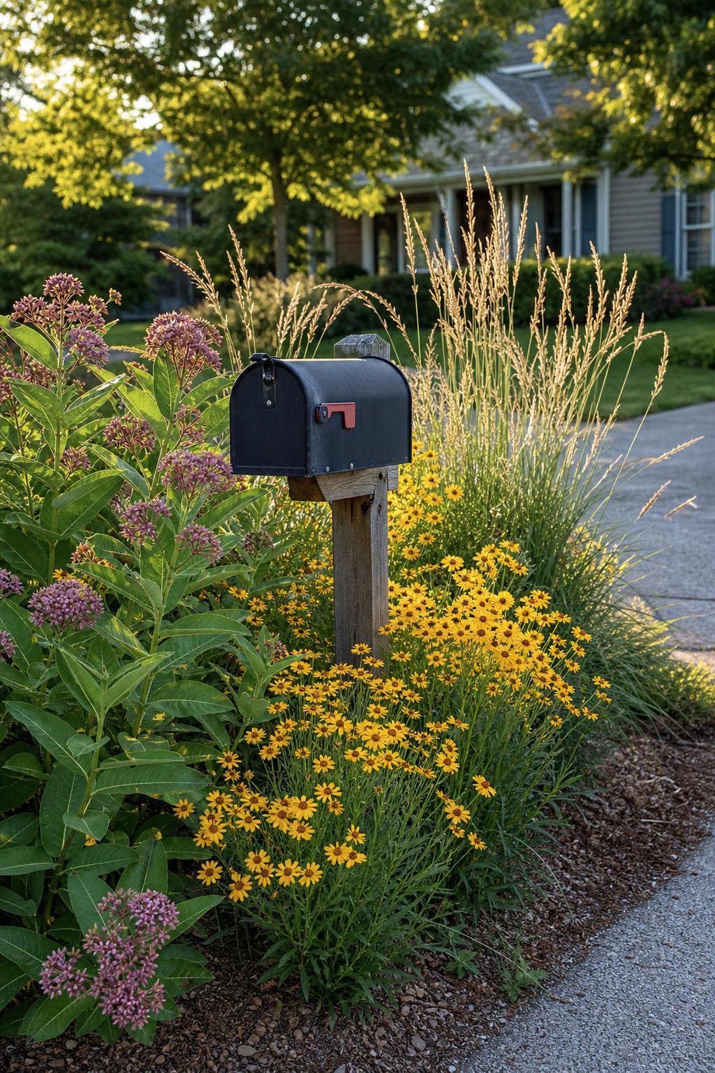 A residential mailbox surrounded by blooming coreopsis, milkweed, and prairie dropseed grasses.