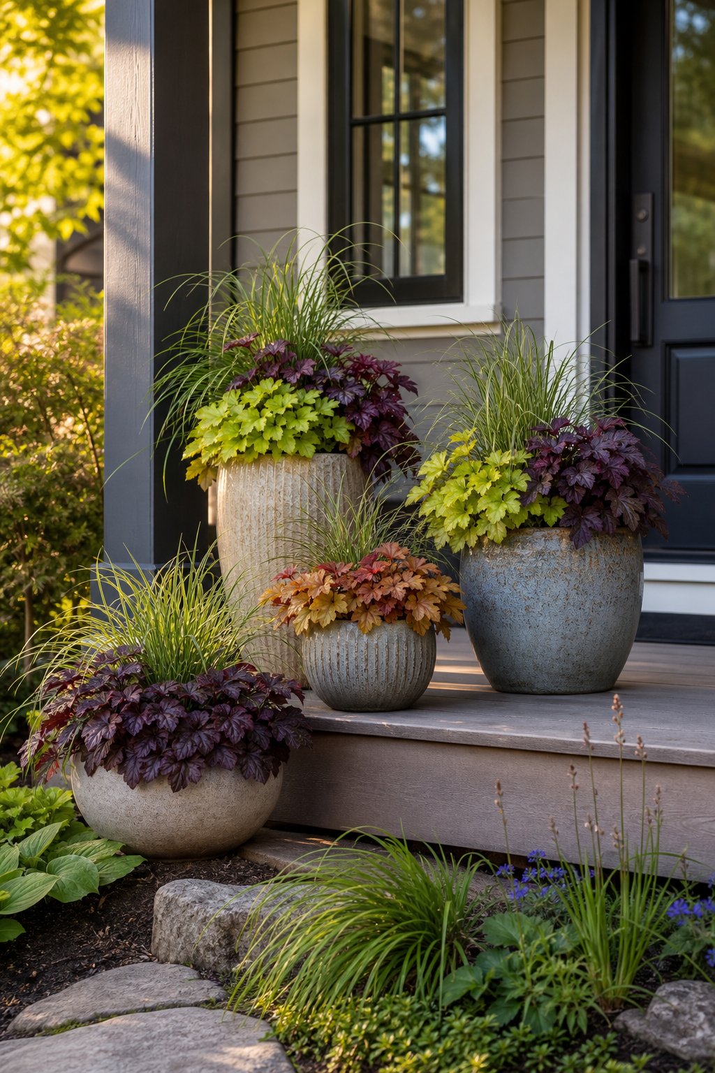 Front porch with containers of heuchera and carex plants beside the entrance.
