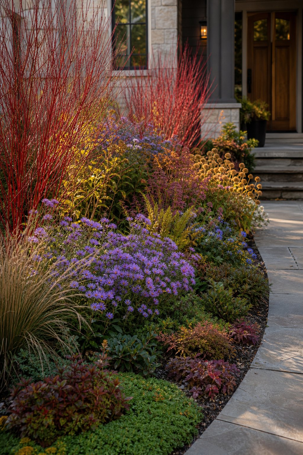 A native front entry garden with red twig dogwood shrubs, purple asters, grasses, and a walkway leading to a home.