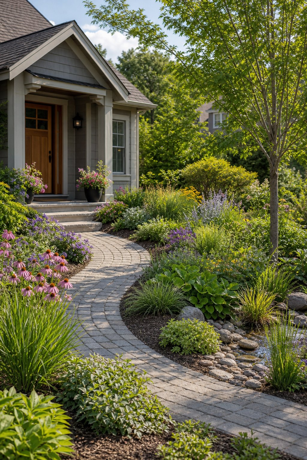 A welcoming front garden filled with native flowering plants, grasses, shrubs, and a small tree beside a walkway to a home.