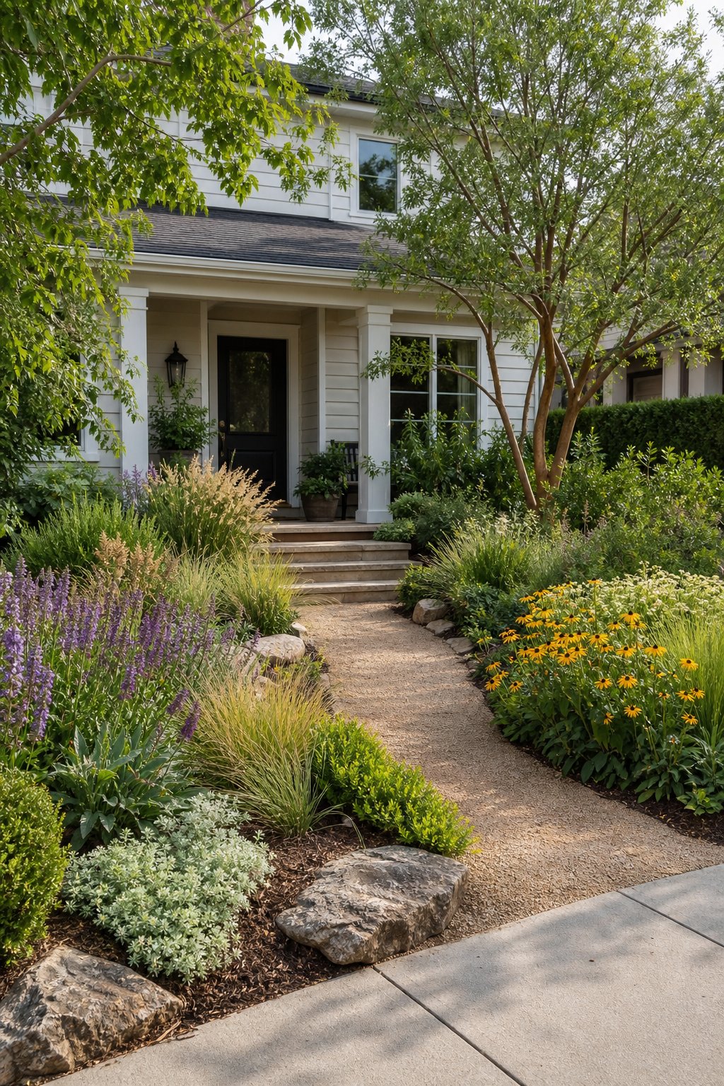 A welcoming home entrance surrounded by a colorful native plant garden and natural pathway.